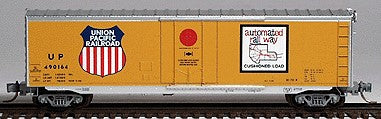 Micro-Trains 50' Plug Door Boxcar -- Union Pacific #490164 (yellow w/aluminum roof, "Automated Railway" & shiel - 489-38280