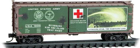 Micro-Trains 40' Double-Sheathed Wood Boxcar w/Vertical Brake Wheel - Ready to Run -- War of the Worlds USA #1896 (green, Boxcar Red, Series #1) - 489-3900270