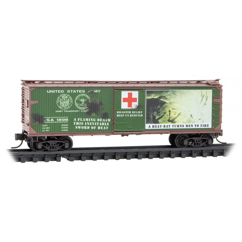 Micro-Trains 40' Double-Sheathed Wood Boxcar w/Vertical Brake Wheel - Ready to Run -- War of the Worlds USA #1898 (green, Boxcar Red, Series #4) - 489-3900272