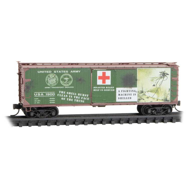 40' Double-Sheathed Wood Boxcar w/Vertical Brake Wheel - Ready to Run -- War of the Worlds USA #1899 (green, Boxcar Red, Series #5)