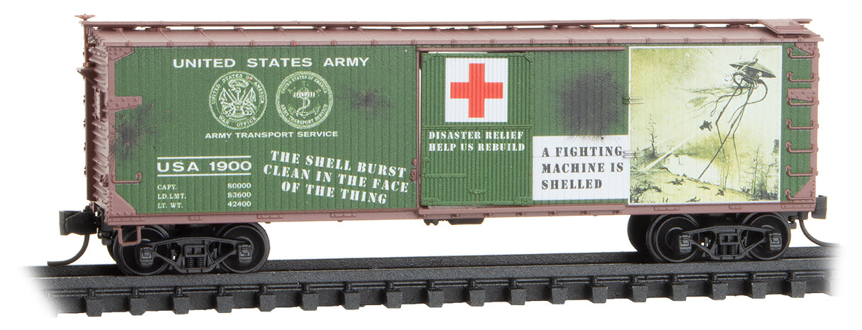 40' Double-Sheathed Wood Boxcar w/Vertical Brake Wheel - Ready to Run -- War of the Worlds USA #1900 (green, Boxcar Red, Series #6)