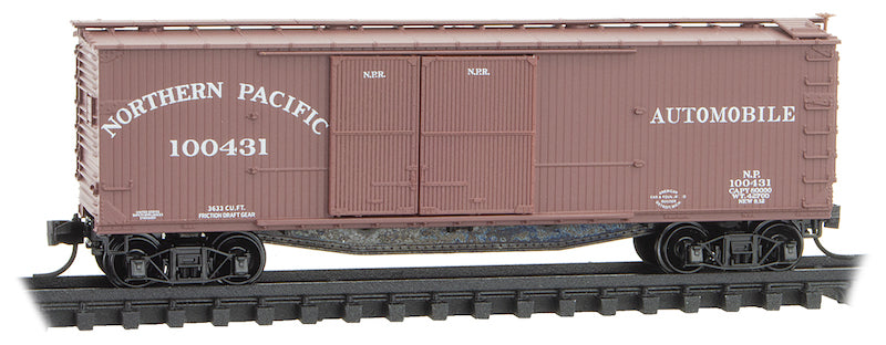 Micro-Trains 40' Double-Sheathed 1-1/2 Door Wood Boxcar w/Vertical Brake Wheel Ready to Run -- Northern Pacific #100431 (Boxcar Red, white) - 489-4100070