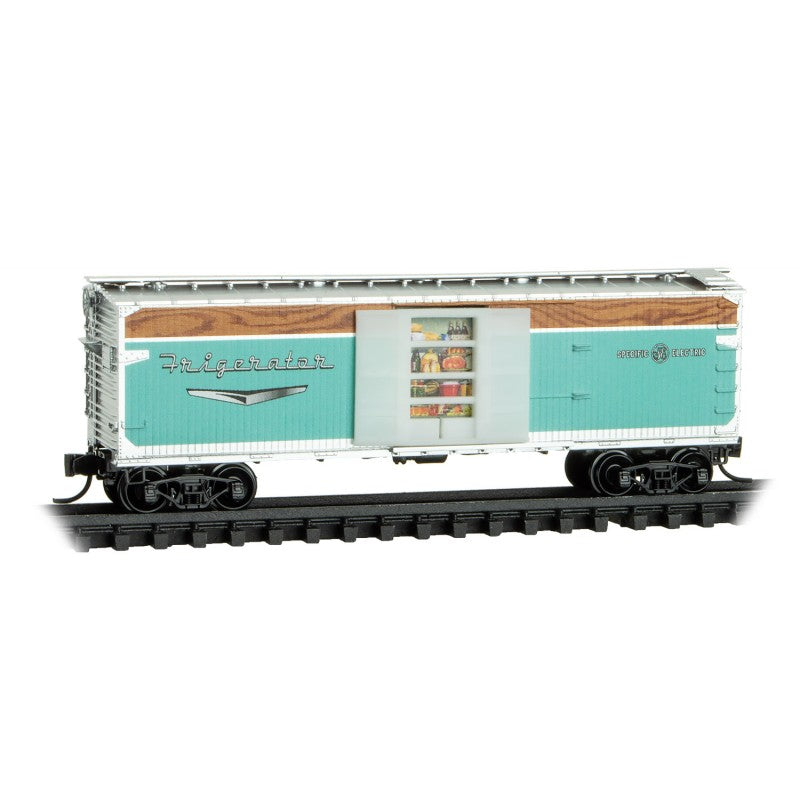Micro-Trains N-Scale 40' Double-Sheathed Single-Door Wood Boxcar - Ready to Run -- Frigerator (April Fools Car, teal, wood, white, Special Door)