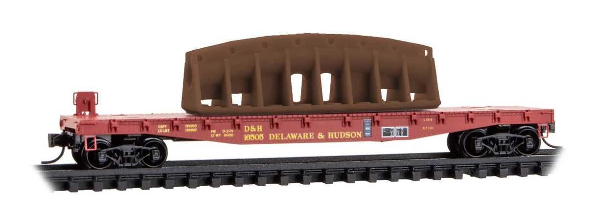Micro-Trains N 50' Fishbelly-Side Flatcar w/Fighter Jet Tank Load - Ready to Run -- Delaware & Hudson #16505 (Boxcar Red, yellow)