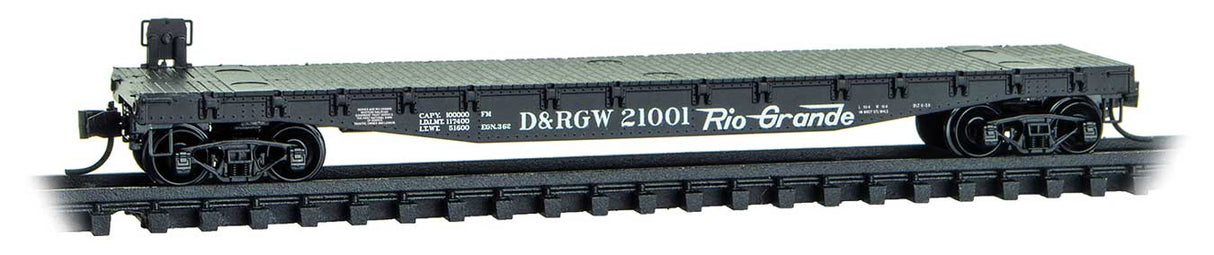 50' Fishbelly-Side Flatcar with Side-Mount Brake Wheel - Ready to Run -- Denver & Rio Grande Western #21001 (black, white, Flying Grande)