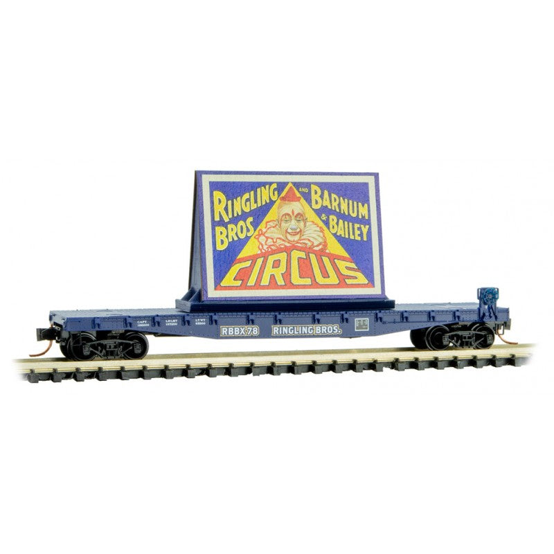 Micro-Trains 50' Fishbelly-Side Flatcar with Side-Mount Brake Wheel - Ready to Run -- Ringling Bros.(R) Clown Billboard Series Car RBBX 78 - 489-4500521