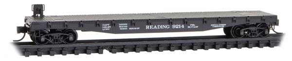 Micro-Trains 50' Fishbelly-Side Flatcar with Side-Mount Brake Wheel - Ready to Run -- Reading #9214 (black) - 489-4500650