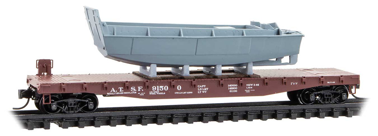 Micro-Trains N-Scale 50' Fishbelly-Side Flatcar w/Landing Craft LVCP Load Kit - Ready to Run -- Santa Fe #91500 (Boxcar Red)