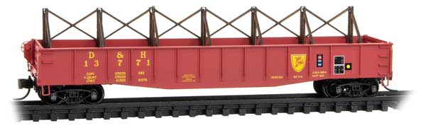 Micro-Trains 50' Gondola w/Fishbelly Sides & Drop-Ends, Rack Brace Load - Ready to Run -- Delaware & Hudson #13771 (red, yellow, Shield Logo) - 489-4600411