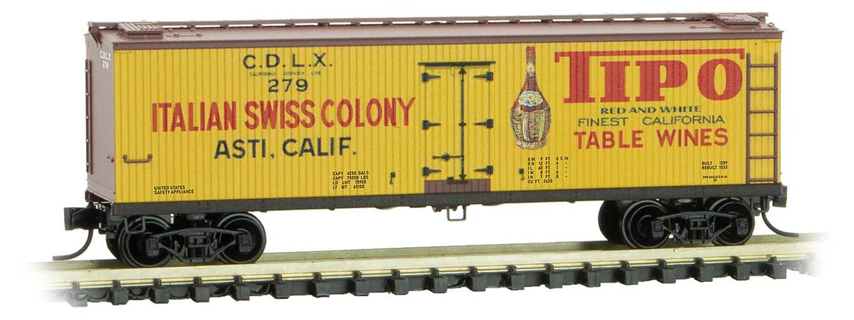 Micro-Trains 40' Double-Sheathed Wood Reefer - Ready to Run -- Tipo Table Wines CDLX 279 (yellow, red, Boxcar Red, Grape to Glass 7) - 489-4700440