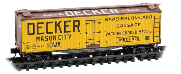 Micro-Trains N 40' Double-Sheathed Wood Reefer w/Vertical Brake Wheel - Ready to Run -- Jacob E. Decker & Sons #2879 (yellow, Boxcar red, black)