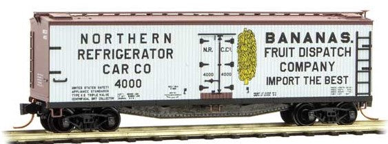 Micro-Trains 40' Double-Sheathed Wood Reefer with Vertical Brake Wheel - Ready to Run -- Northern Refrigerator Car Company 4000 (Banana Service, white, Boxcar Red) - 489-4900790