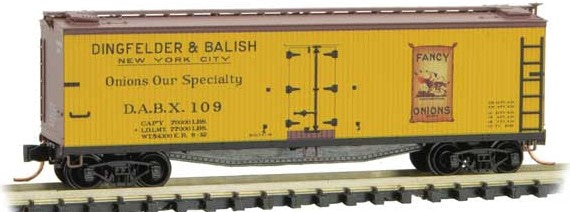Micro-Trains 40' Double-Sheathed Wood Reefer with Vertical Brake Wheel - Ready to Run -- Dingfelder & Balish DABX 109 (yellow, Boxcar Red) - 489-4900850