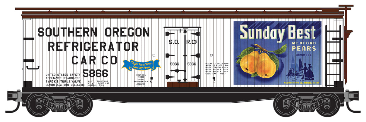 Micro-Trains 40' Double-Sheathed Wood Reefer w/Vertical Brake Wheel - Ready to Run -- Medford, Talent & Lakecreek #5866 (white, Boxcar Red, Sunday Best Pear Label - 489-4900944
