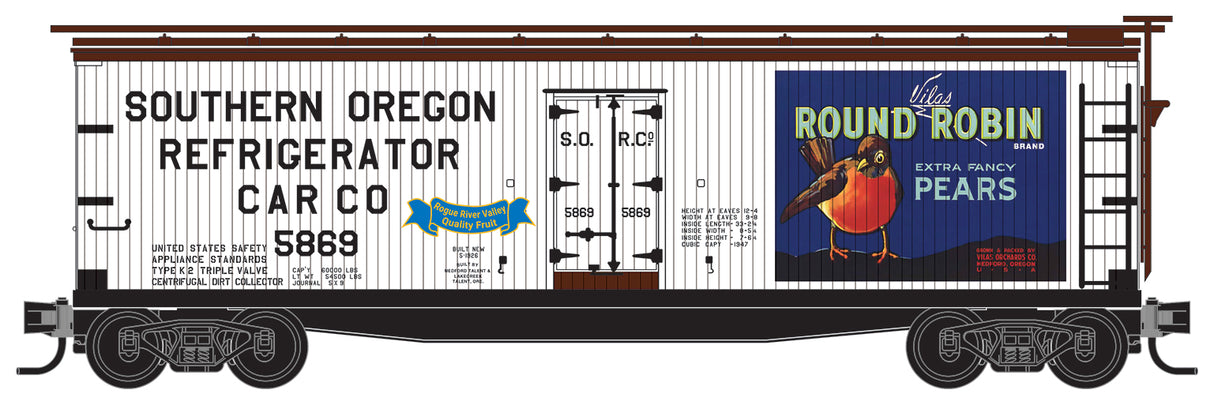 Micro-Trains 40' Double-Sheathed Wood Reefer w/Vertical Brake Wheel - Ready to Run -- Medford, Talent & Lakecreek #5869 (white, Boxcar Red, Round Robin Pear Label - 489-4900945