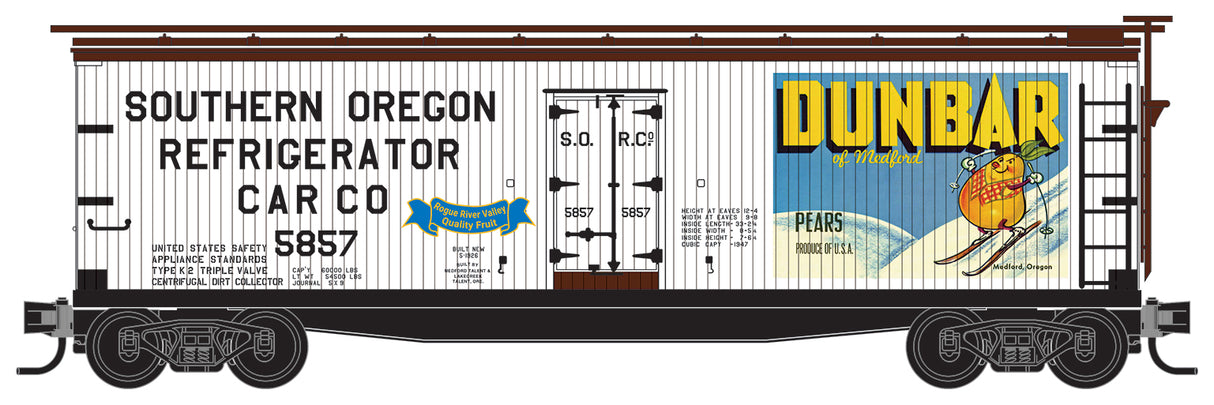Micro-Trains 40' Double-Sheathed Wood Reefer w/Vertical Brake Wheel - Ready to Run -- Medford, Talent & Lakecreek #5857 (white, Boxcar Red, Dunbar Pear Label) - 489-4900946