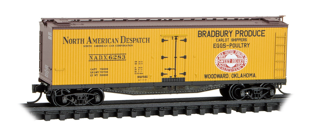 40' Double-Sheathed Wood Reefer w/Vertical Brake Wheel - Ready to Run -- Bradbury Produce NADX #6283 (yellow, Boxcar Red, Poultry & Egg Series #5)
