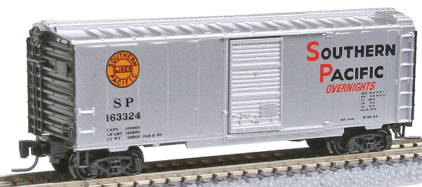 Micro-Trains 40' Standard Boxcar w/Single Doors -- Southern Pacific #163324 Silver/Black w/Orange/Red Logo's Black Lettering - 489-50000581