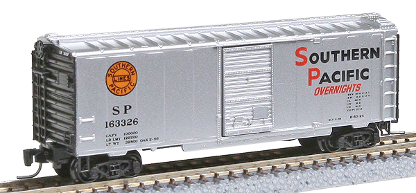 Micro-Trains Z 40' Stanard Boxcar Single doors -- Southern Pacific #163326 Silver/Blk w/Orange/Red Logo's, Black Lettering - 489-50000582
