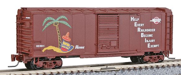 Micro-Trains Z 40' Standard Boxcar w/Sliding Door -- Missouri Pacific #129685 (Boxcar Red, white Lettering, Herbie Grafitti) - 489-50000610