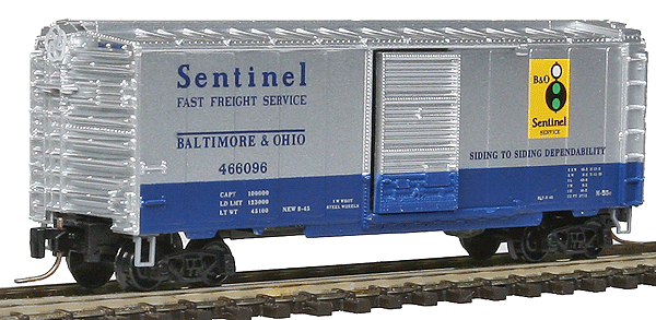 Micro-Trains 40' Single-Door Boxcar - Ready to Run -- Baltimore & Ohio #466096 (silver, blue, Sentinel Slogan & Logo) - 489-50000752