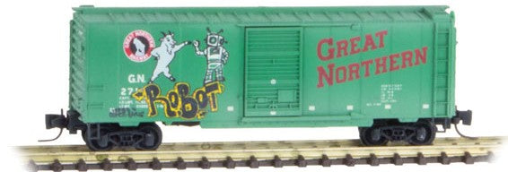 Micro-Trains 40' Single-Door Boxcar - Ready to Run -- Great Northern (Weathered, Jade Green, Standing Rocky, Graffiti) - 489-50044440