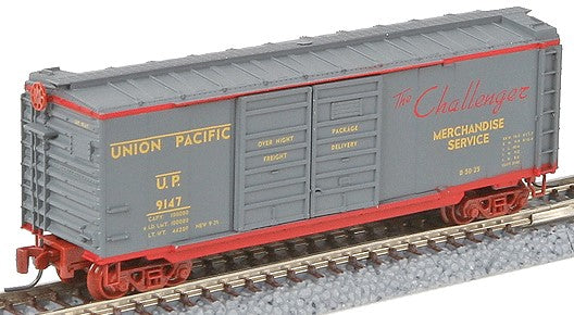 Micro-Trains 40' Standard Boxcar w/Double Doors -- Union Pacific #9147 (gray, red "The Challenger" Logo, white Lettering) - 489-50100191