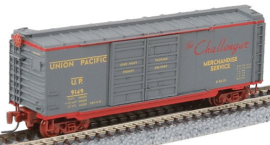 Micro-Trains 40' Standard Boxcar w/Double Doors -- Union Pacific #9149 (gray, red "The Challenger" Logo, white Lettering) - 489-50100192