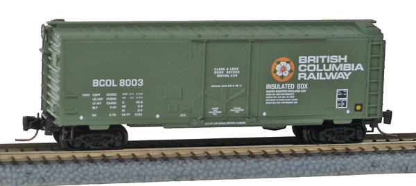 Micro-Trains 40' Single-Door Boxcar - Ready to Run -- British Columbia Railway #8003 (green, white, yellow, Dogwood Logo) - 489-50200161