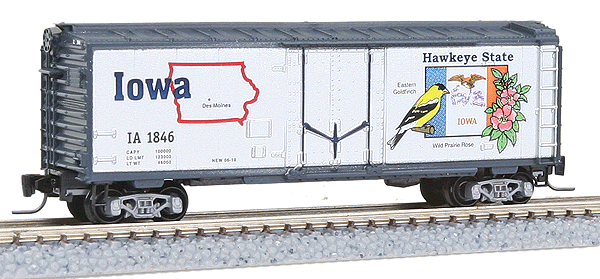 Micro-Trains 50-State Car Series - 40' Plug-Door Boxcar -- Iowa #1846 (#24 in Series; silver, blue) - 489-50200524