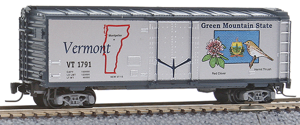 Micro-Trains 50-State Car Series - 40' Plug-Door Boxcar -- Vermont #1791 (#25 in Series; silver, blue) - 489-50200525