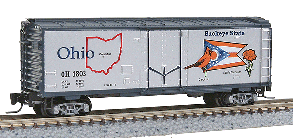 Micro-Trains 50-State Car Series - 40' Plug-Door Boxcar -- Ohio #1803 (#26 in Series; silver, blue) - 489-50200526