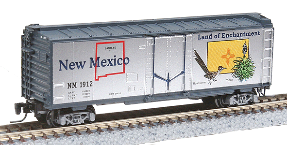 Micro-Trains 50-State Car Series - 40' Plug-Door Boxcar -- New Mexico #1912 (#27 in Series; silver, blue) - 489-50200527
