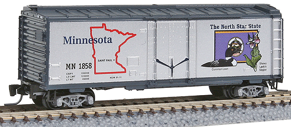 Micro-Trains 50-State Car Series - 40' Plug-Door Boxcar -- Minnesota #1858 (#31 in Series; silver, blue) - 489-50200531