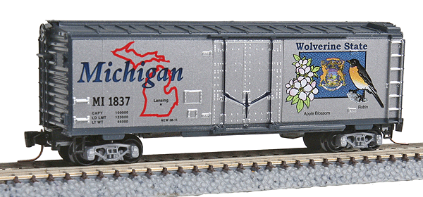 Micro-Trains 50-State Car Series - 40' Plug-Door Boxcar -- Michigan #1837 (#37 in Series; silver, blue) - 489-50200537
