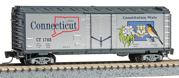 Micro-Trains 50-State Car Series - 40' Plug-Door Boxcar -- Connecticut #1788 (#38 in Series; silver, blue) - 489-50200538