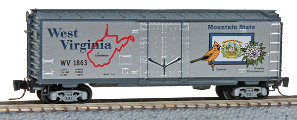 Micro-Trains 50-State Car Series - 40' Plug-Door Boxcar -- West Virginia #1863 (#40 in Series; silver, blue) - 489-50200540