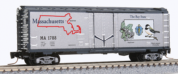 Micro-Trains 50-State Car Series - 40' Plug-Door Boxcar -- Massachusetts #1788 (#44 in Series; silver, blue) - 489-50200544