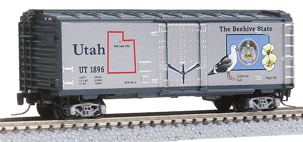 Micro-Trains 50-State Car Series - 40' Plug-Door Boxcar -- Utah #1896 (#47 in Series; silver, blue) - 489-50200547