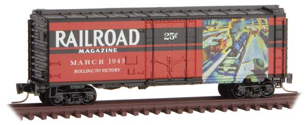 Micro-Trains 40' Plug-Door Boxcar - Ready to Run -- Railroad Magazine March 1943 (red, black, Days Gone By #1) - 489-50200640