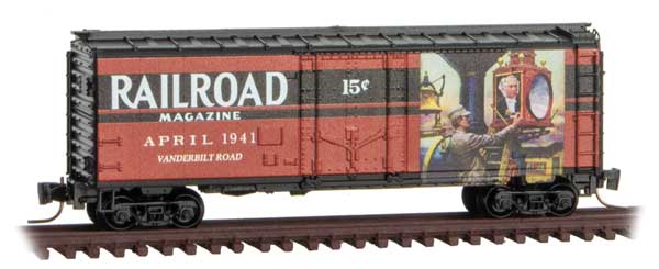 Micro-Trains 40' Plug-Door Boxcar - Ready to Run -- Railroad Magazine April 1941 (red, black, Years Gone By #2) - 489-50200641