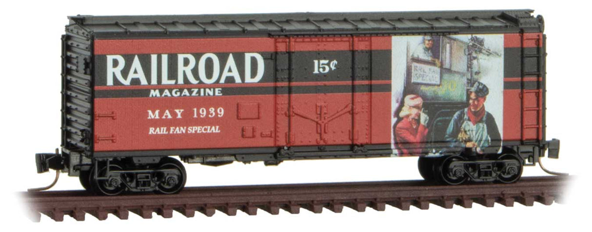Micro-Trains 40' Plug-Door Boxcar - Ready to Run -- Railroad Magazine May 1939 (red, black, Days Gone By #3) - 489-50200642