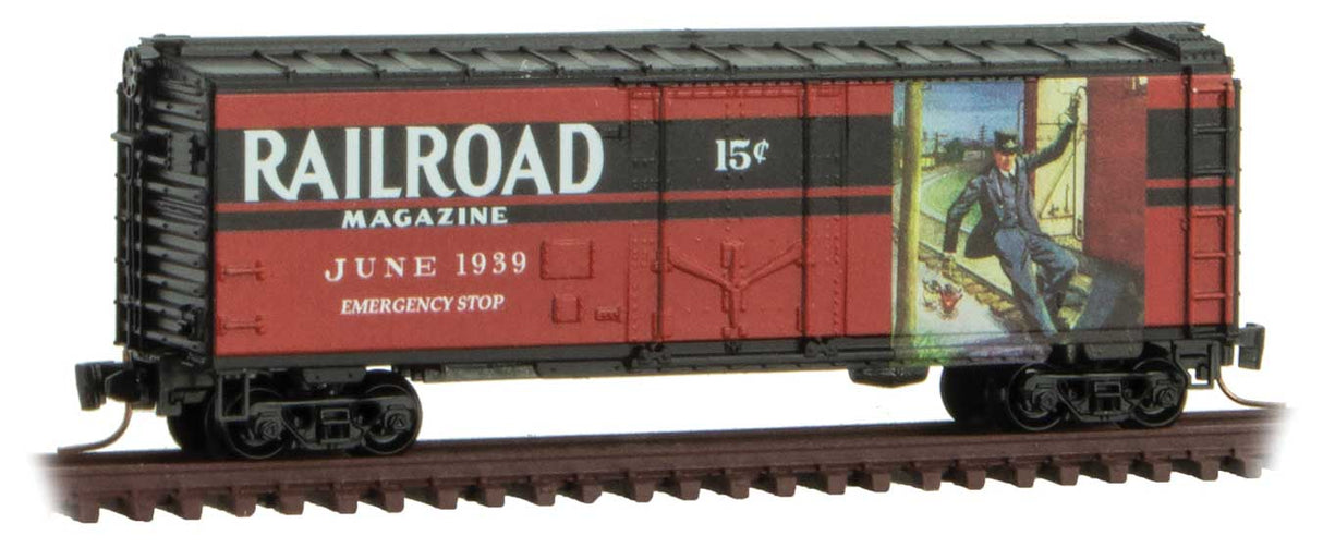 Micro-Trains 40' Plug-Door Boxcar - Ready to Run -- Railroad Magazine, June 1939 (red, black; Years Gone By #4) - 489-50200643