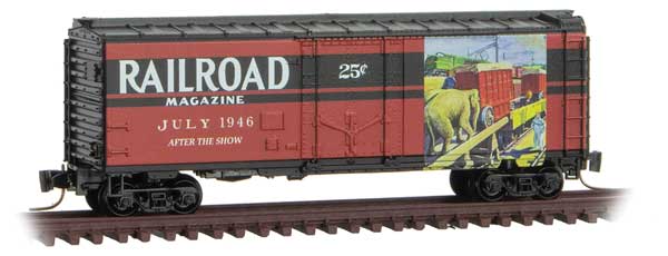 Micro-Trains 40' Plug-Door Boxcar - Ready to Run -- Railroad Magazine, July 1946 (red, black; Years Gone By #5) - 489-50200644