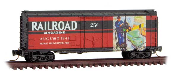 Micro-Trains 40' Plug-Door Boxcar - Ready to Run -- Railroad Magazine, August 1944 (red, black; Years Gone By #6) - 489-50200645