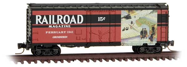 Micro-Trains 40' Plug-Door Boxcar - Ready to Run -- Railroad Magazine, February 1941 (red, black; Years Gone By #12) - 489-50200651
