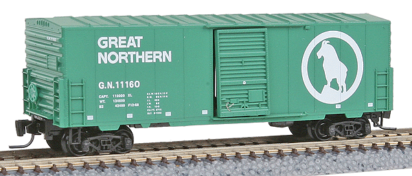 Micro-Trains 40' Single-Door Boxcar No Roofwalk - Ready to Run -- Great Northern #11160 (green, Large Rocky Silhouette Logo) - 489-50300102