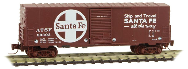 Micro-Trains 40' Single-Door Boxcar No Roofwalk - Ready to Run -- Santa Fe #33303 (Boxcar Red, white, Large Logo, Ship & Travel Slogan) - 489-50300132