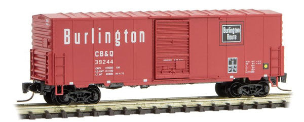 Micro-Trains 40' Single-Door Boxcar No Roofwalk - Ready to Run -- Chicago, Burlington & Quincy #39244 (Chinese Red, black, white) - 489-50300151