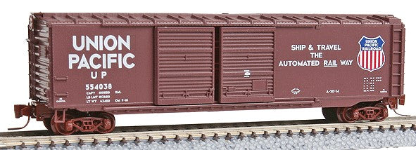 Micro-Trains 50' Double-Door Boxcar - Ready to Run -- Union Pacific #554038 (Boxcar Red, Automated Rail Way Slogan, Large Shield) - 489-50600271